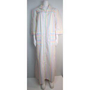 VINTAGE WOMEN'S RAINBOW STRIPED LONG NIGHTGOWN HOUSE DRESS - VANDEMERE - SIZE S